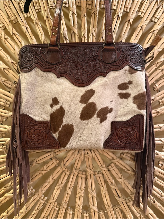 American Darling Handbags - American Darling Brown & White Tooled Leather Fringe Shoulder Bag
